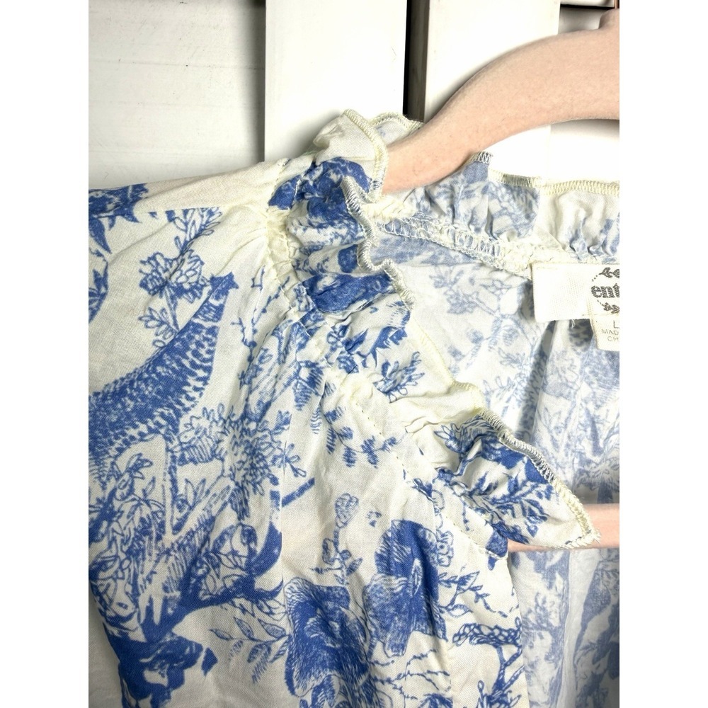Entro Blue Cream Toile Woodland Wildlife Print Puff Sleeve Top Boho Size Large - Picture 4 of 9